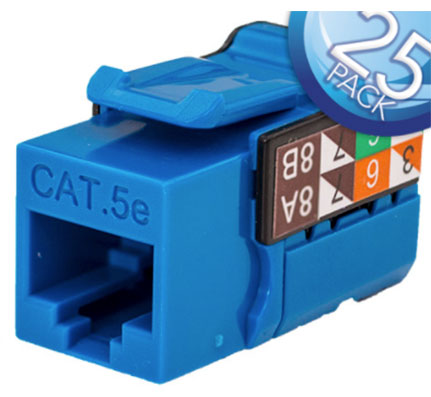 CAT5E Data Grade Keystone Jack, 8 Conductors, RJ45, 25-Pack, Blue