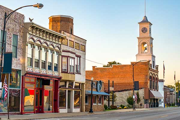 Rural downtown revitalized by high-speed fiber (FTTX) connections.